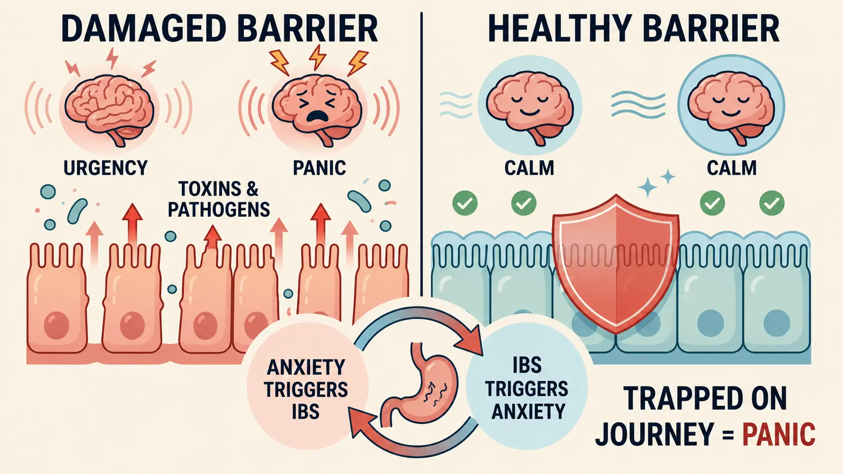 Infographic showing damaged intestinal barrier versus improved barrier function, and the anxiety cycle during long journeys