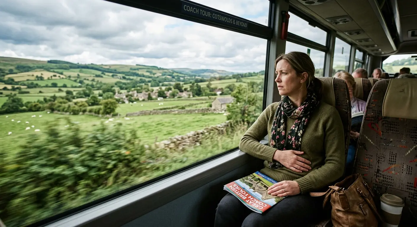 Woman in her early 40s sitting anxiously on a coach looking out at English countryside scenery