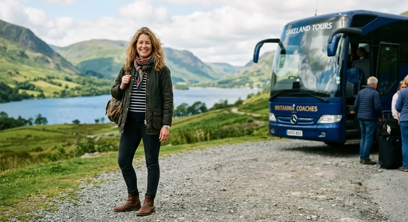 Happy woman in her early 40s standing confidently outside a coach at a scenic Lake District location, smiling and relaxed